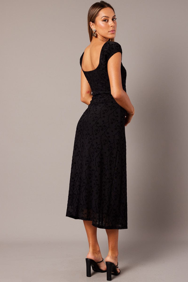 Black Midi Dress Puff Sleeve Burn Out