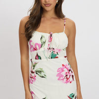 Purple Floral Midi Dress Gathering Bust Sleeveless