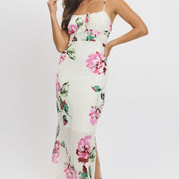 Purple Floral Midi Dress Gathering Bust Sleeveless