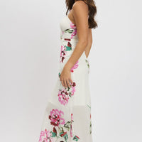 Purple Floral Midi Dress Gathering Bust Sleeveless
