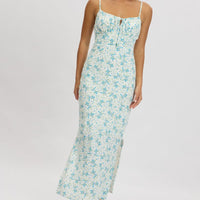 Blue Floral Midi Dress Gathering Bust Sleeveless