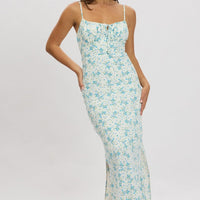 Blue Floral Midi Dress Gathering Bust Sleeveless
