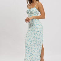 Blue Floral Midi Dress Gathering Bust Sleeveless