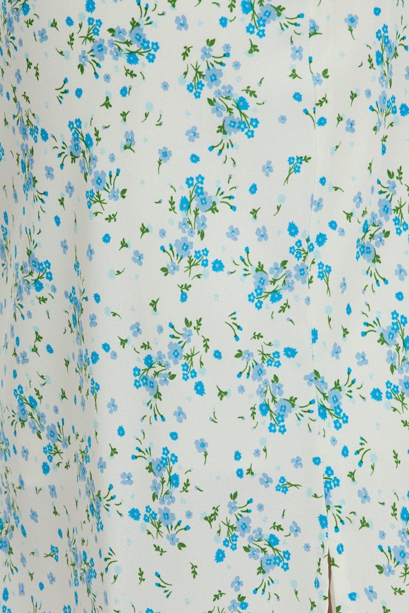 Blue Floral Midi Dress Gathering Bust Sleeveless