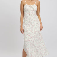 White Ditsy Midi Dress Gathering Bust Sleeveless