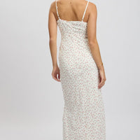 White Ditsy Midi Dress Gathering Bust Sleeveless