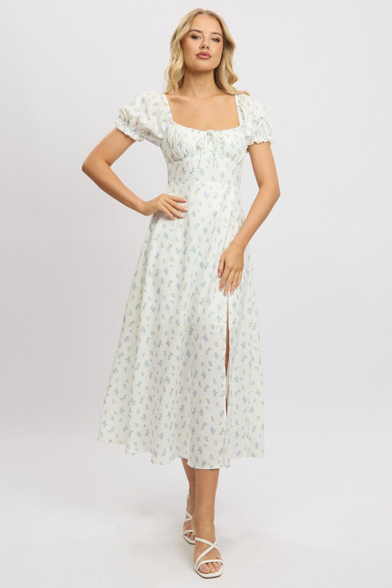 White Ditsy Midi Dress Puff Sleeve