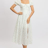 White Ditsy Midi Dress Puff Sleeve
