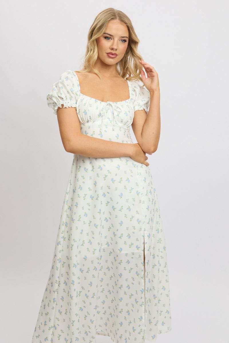 White Ditsy Midi Dress Puff Sleeve
