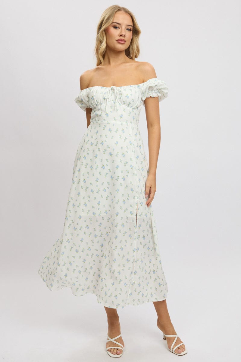 White Ditsy Midi Dress Puff Sleeve