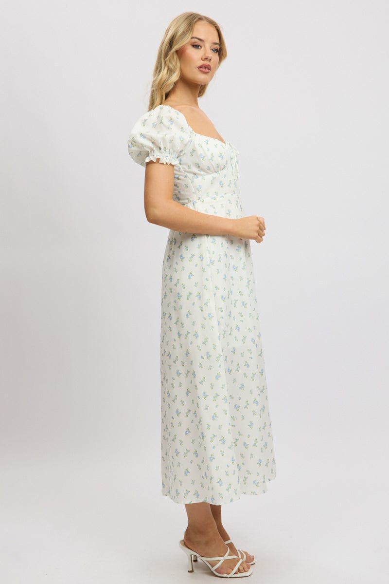 White Ditsy Midi Dress Puff Sleeve
