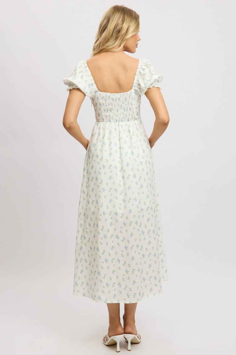 White Ditsy Midi Dress Puff Sleeve