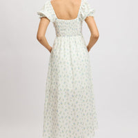 White Ditsy Midi Dress Puff Sleeve