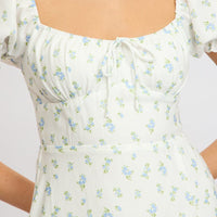White Ditsy Midi Dress Puff Sleeve
