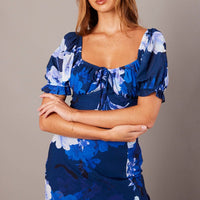 Blue Floral Midi Dress Puff Sleeve