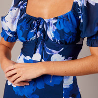 Blue Floral Midi Dress Puff Sleeve