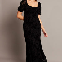 Black Midi Dress Puff Sleeve Burn Out