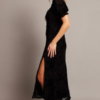 Black Midi Dress Puff Sleeve Burn Out