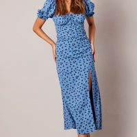 Blue Floral Midi Dress Puff Sleeve