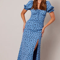 Blue Floral Midi Dress Puff Sleeve