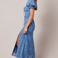Blue Floral Midi Dress Puff Sleeve
