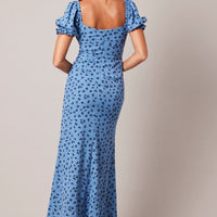 Blue Floral Midi Dress Puff Sleeve