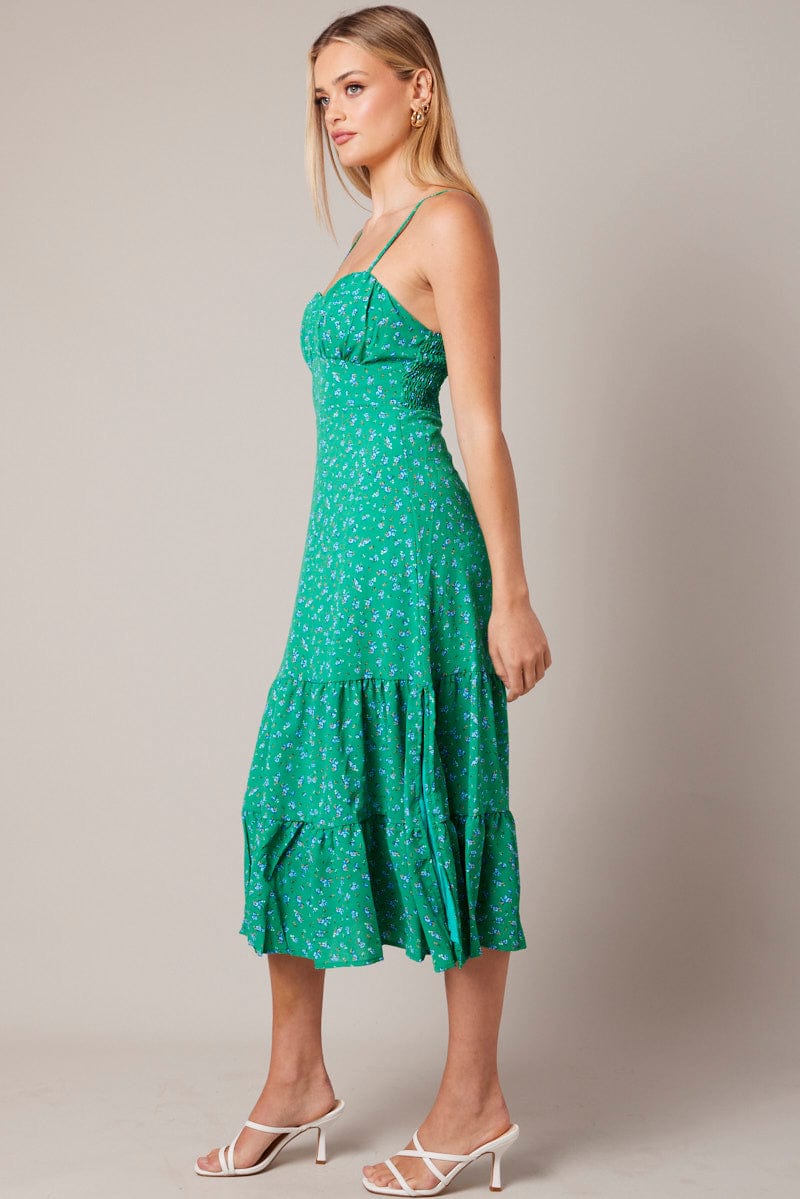 Green Floral Midi Dress Strappy