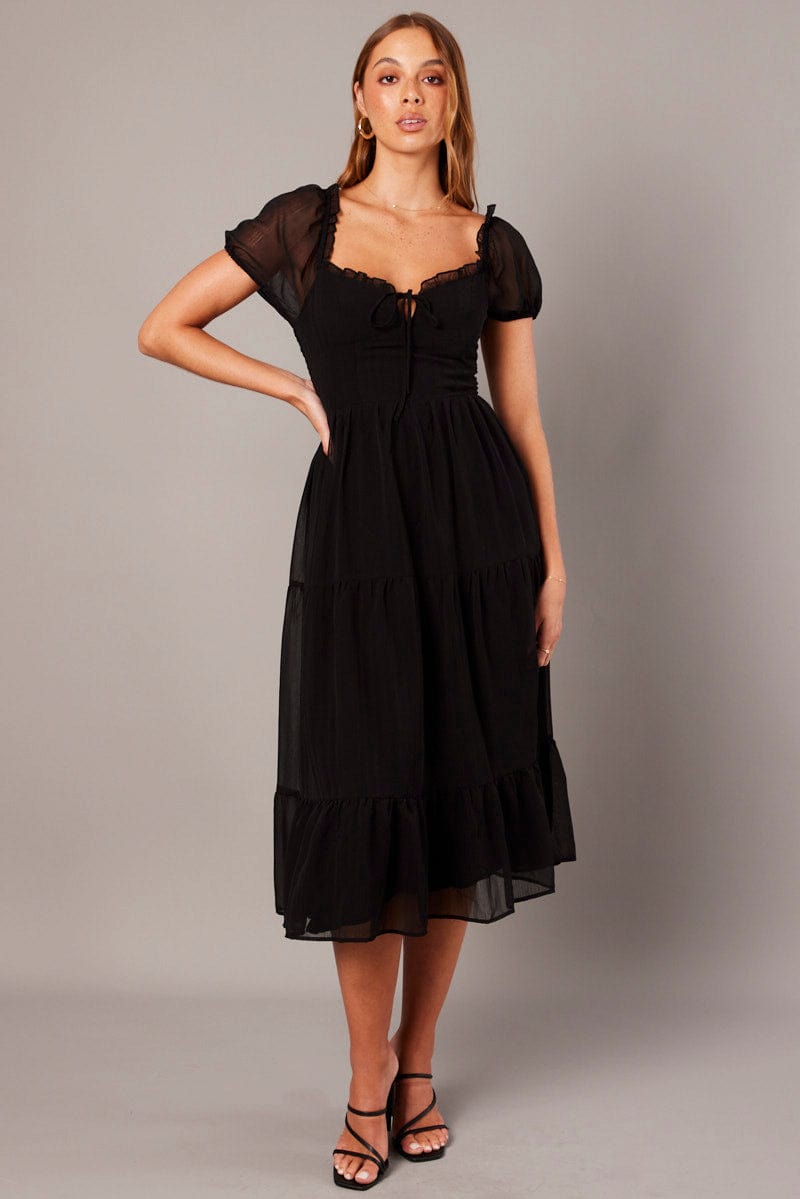 Black Midi Dress Puff Sleeve