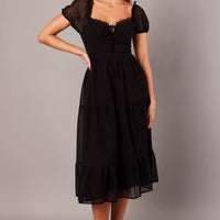 Black Midi Dress Puff Sleeve