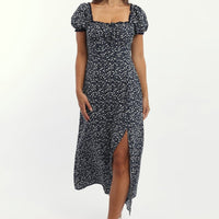 Blue Ditsy Midi Dress Short Sleeve Side Split