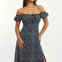 Blue Ditsy Midi Dress Short Sleeve Side Split