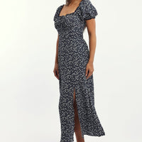 Blue Ditsy Midi Dress Short Sleeve Side Split