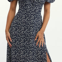 Blue Ditsy Midi Dress Short Sleeve Side Split