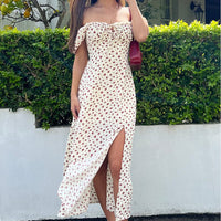 Beige Ditsy Midi Dress Short Sleeve Side Split