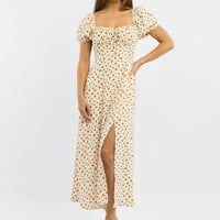 Beige Ditsy Midi Dress Short Sleeve Side Split