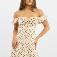 Beige Ditsy Midi Dress Short Sleeve Side Split