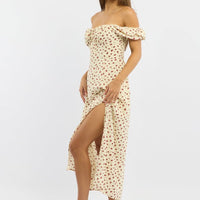 Beige Ditsy Midi Dress Short Sleeve Side Split