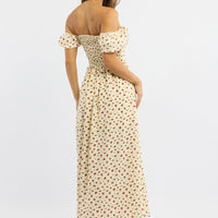 Beige Ditsy Midi Dress Short Sleeve Side Split