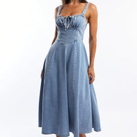 Blue Midi Dress Gathered Bust