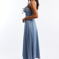 Blue Midi Dress Gathered Bust
