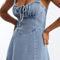 Blue Midi Dress Gathered Bust