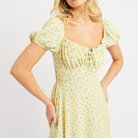 Yellow Ditsy Midi Dress Puff Sleeve