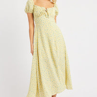 Yellow Ditsy Midi Dress Puff Sleeve