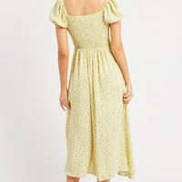 Yellow Ditsy Midi Dress Puff Sleeve