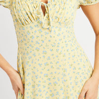 Yellow Ditsy Midi Dress Puff Sleeve