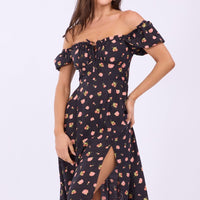 Black Ditsy Midi Dress Puff Sleeve