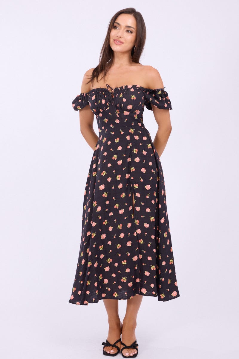 Black Ditsy Midi Dress Puff Sleeve