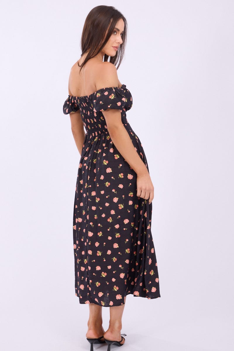 Black Ditsy Midi Dress Puff Sleeve