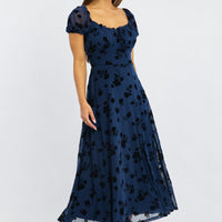 Blue Floral Midi Dress Puff Sleeve