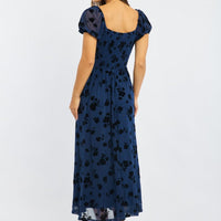 Blue Floral Midi Dress Puff Sleeve